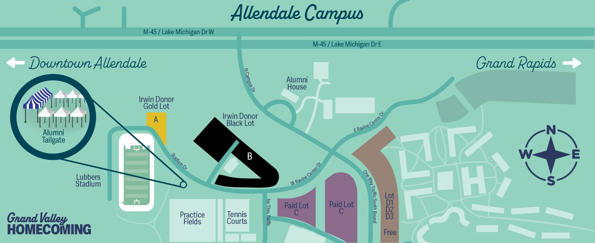 Map of the Allendale Campus showing the location of Reunion Row and Tailgate near Lubbers Stadium